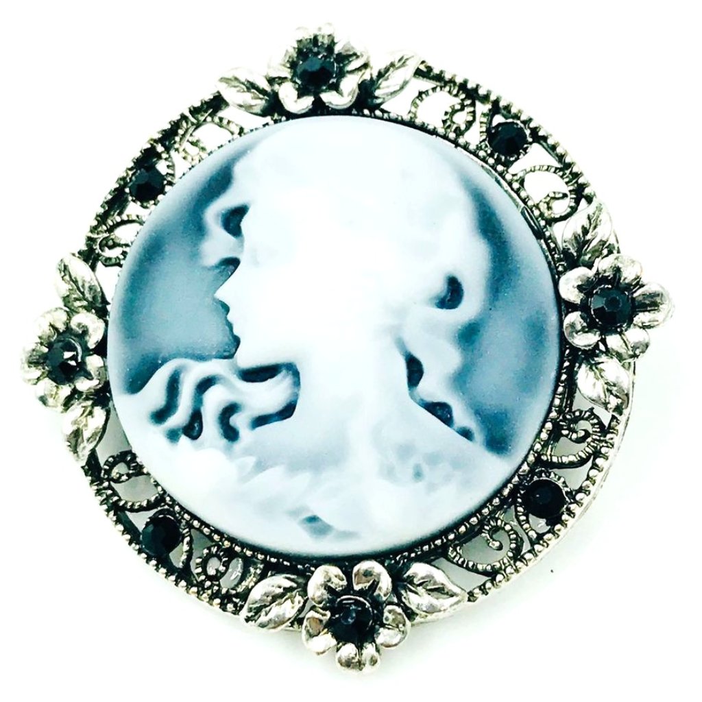 Gray And Black Crystal Glass Rhinestoe Cameo Brooch